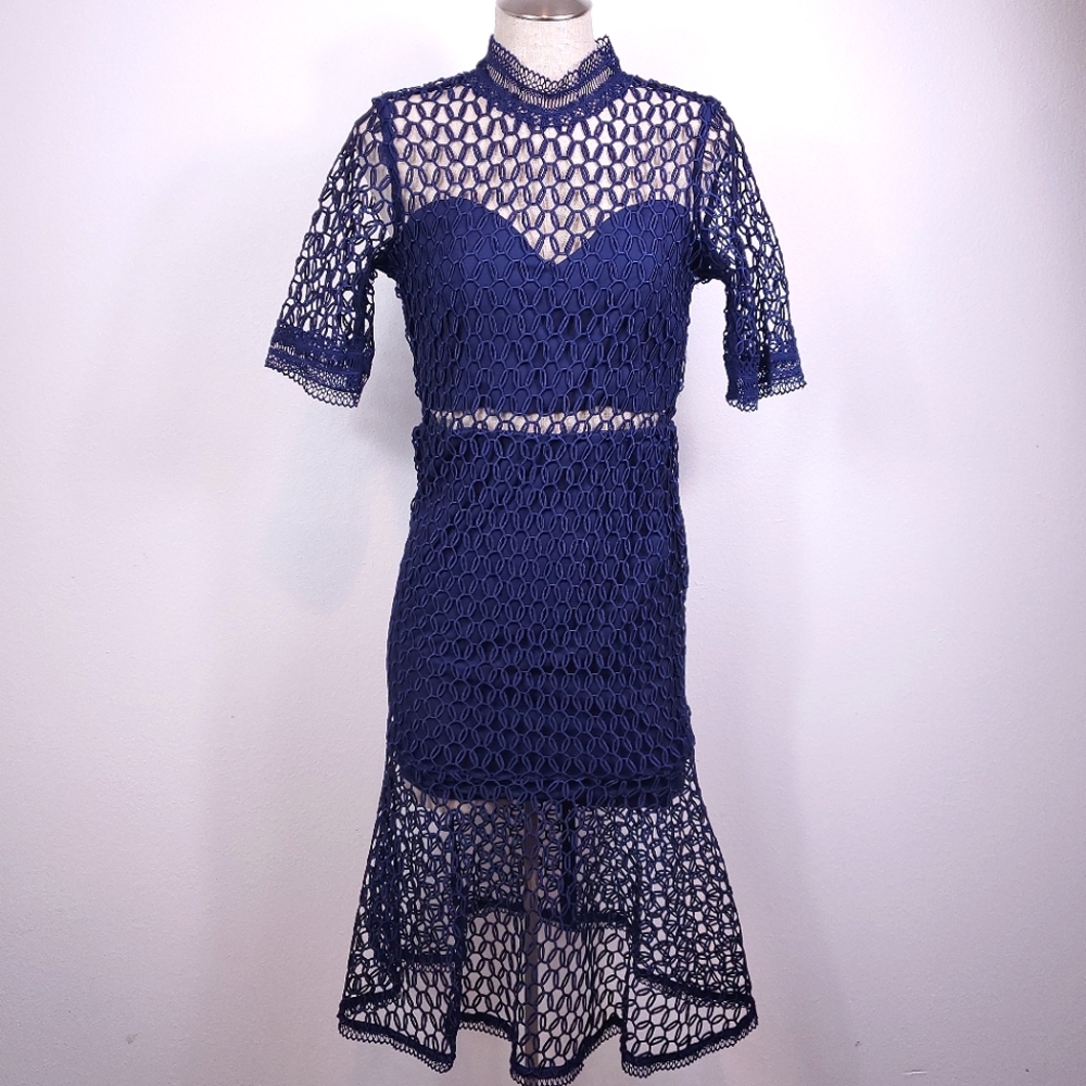 Bardot Navy Blue Crochet Lace Mini Dress